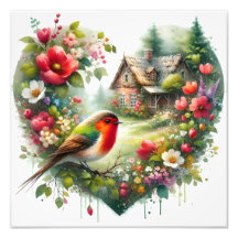 Bunter Vogel und Blumencottage Aquarell