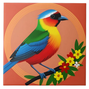 Bunter Vogel zwischen lebendigen Blumen Fliese
