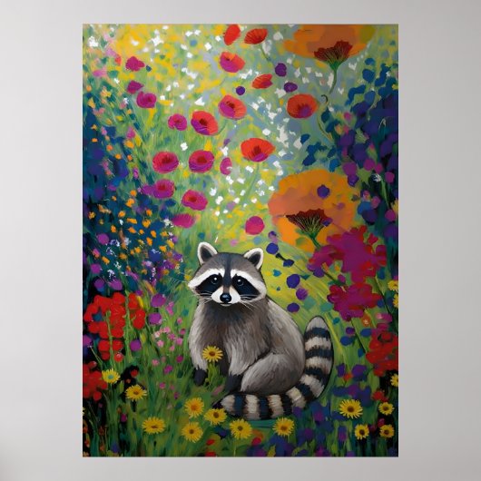 Bunter Waschbär in Wildblumengarten-Kunst  Poster (Vorne)