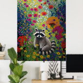 Bunter Waschbär in Wildblumengarten-Kunst-Tier  Poster (Heimbüro)