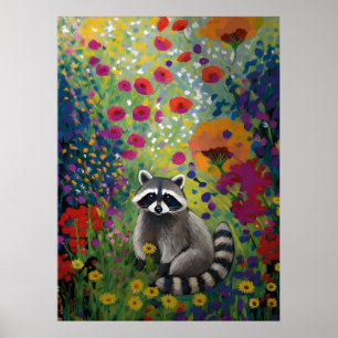 Bunter Waschbär in Wildblumengarten Kunst Tier Poster