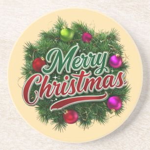 Bunter Weihnachtskranz mit fröhlichem Gruß Getränkeuntersetzer