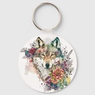 Bunter Wolf und Florals Wasserfarbe in Naturschönh Schlüsselanhänger