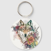 Bunter Wolf und Florals Wasserfarbe in Naturschönh Schlüsselanhänger (Rückseite)