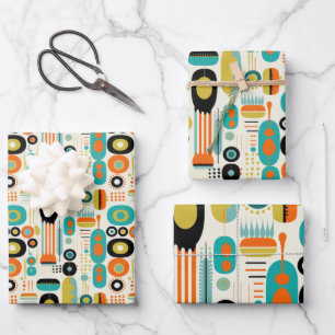 Buntes abstraktes Muster RETRO Mitte des Jahrhunde Geschenkpapier Set