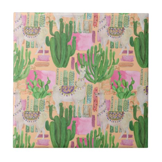 Buntes Aquarell-Lama-Muster Fliese (Vorderseite)