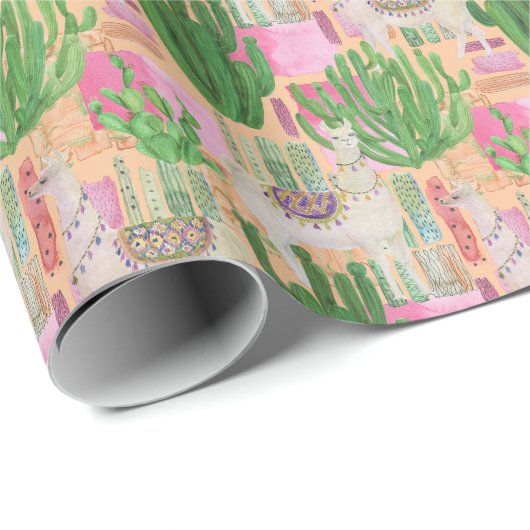 Buntes Aquarell-Lama-Muster Geschenkpapier (Rolleneckpunkt)