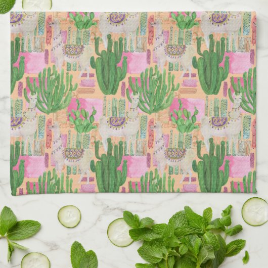 Buntes Aquarell-Lama-Muster Geschirrtuch (Gefaltet)