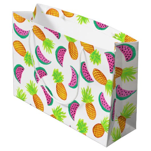 buntes Aquarellananas-Wassermelonemuster Große Geschenktüte (Rückseite Schrägansicht)