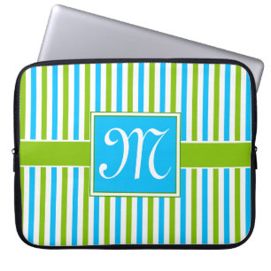 Buntes blaues und grünes Streifen-Muster-Monogram Laptopschutzhülle