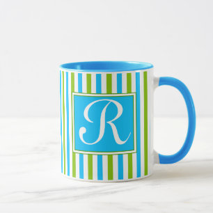 Buntes blaues und grünes Streifen-Muster-Monogram Tasse