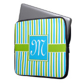 Buntes blaues und grünes Streifen-Muster-Monogramm Laptopschutzhülle (Vorderseite Links)