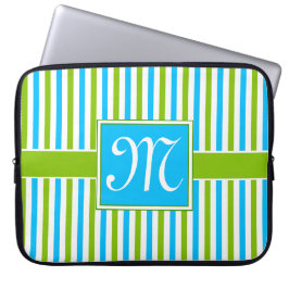 Buntes blaues und grünes Streifen-Muster-Monogramm Laptopschutzhülle