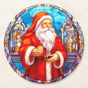 Buntes Bleiglas-Weihnachtsmann Runder Pappuntersetzer