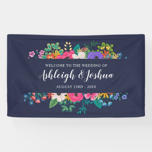 Buntes Blumen-Marine-Blau-Hochzeits-Willkommen Banner (Horizontal)