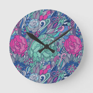 Buntes Blumengekritzel-Muster Runde Wanduhr