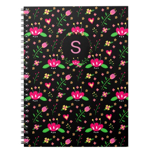 Buntes Blumenmuster auf schwarzem Monogramm Notizblock (Vorderseite)