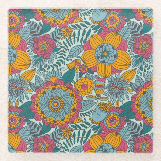 Buntes Blumenmuster Glasuntersetzer (Vorderseite)