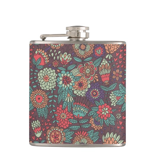 Buntes Blumenmuster in der Cartoonart Flachmann (Vorderseite)