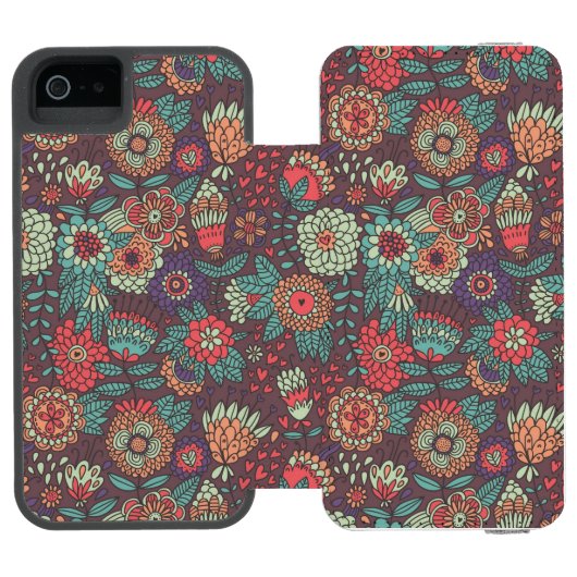 Buntes Blumenmuster in der Cartoonart Incipio iPhone Geldbeutel-Hülle (Folio Geöffnet)