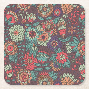 Buntes Blumenmuster in der Cartoonart Rechteckiger Pappuntersetzer