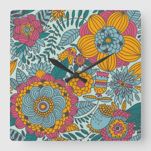 Buntes Blumenmuster Quadratische Wanduhr (Vorderseite)