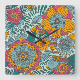 Buntes Blumenmuster Quadratische Wanduhr