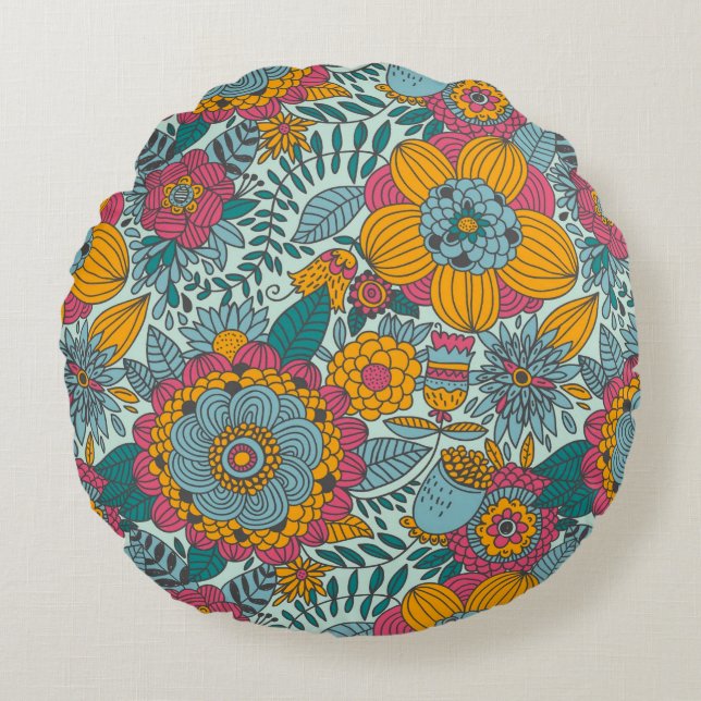Buntes Blumenmuster Rundes Kissen (Vorderseite)