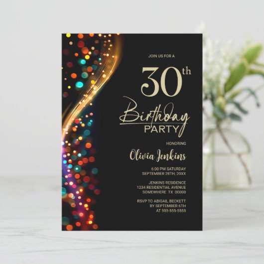 Buntes Bokeh 30. Geburtstag Party Einladung (Stehend Vorderseite)