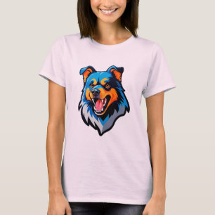 Buntes Cartoon Blau und Orange Hund T-Shirt