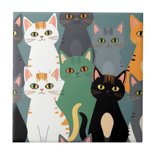 Buntes Cartoon-Katzenmuster Fliese (Vorderseite)