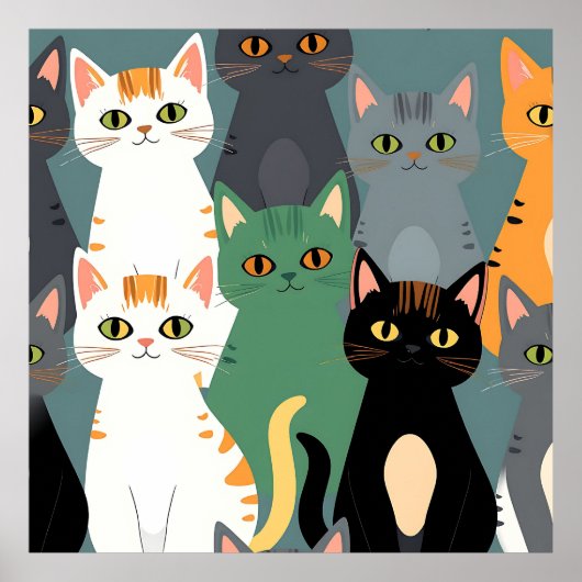 Buntes Cartoon-Katzenmuster Poster (Vorne)