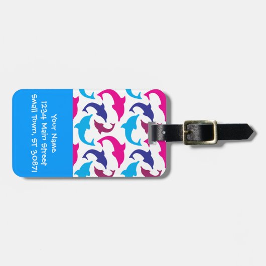 Buntes Delphin-Muster-heißes Rosa-aquamarines Blau Gepäckanhänger (Vorderseite horizontal)