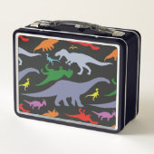 Buntes Dinosaurier-Muster (dunkel) Metall Brotdose (Rückseite)