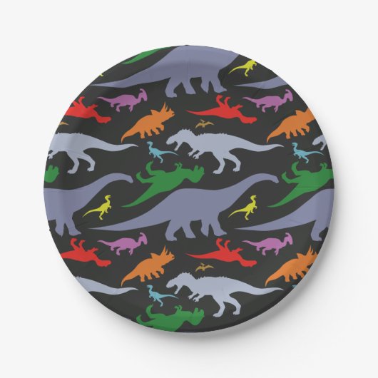 Buntes Dinosaurier-Muster (dunkel) Pappteller (Vorderseite)