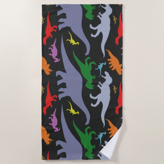 Buntes Dinosaurier-Muster (dunkel) Strandtuch (Vorderseite)