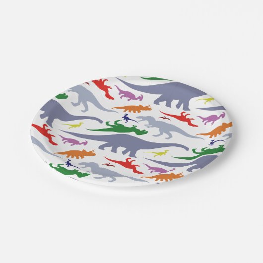 Buntes Dinosaurier-Muster (Licht) Pappteller (Schrägansicht)