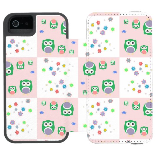 Buntes Eulen-Muster für Kinder Incipio iPhone Geldbeutel-Hülle (Folio Geöffnet)