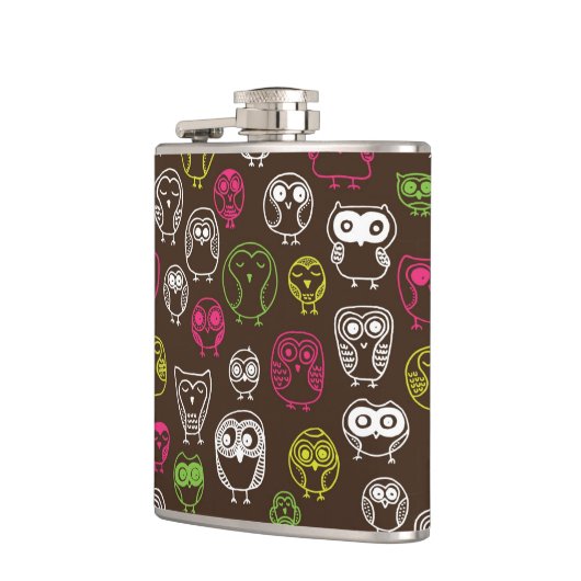 Buntes Eulengekritzel-Hintergrundmuster Flachmann (Links)