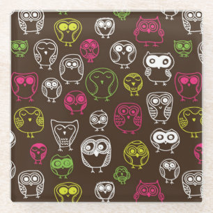 Buntes Eulengekritzel-Hintergrundmuster Glasuntersetzer