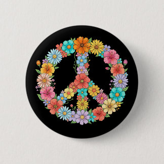Buntes florales Friedenszeichen Hippie Retro-Blume Button