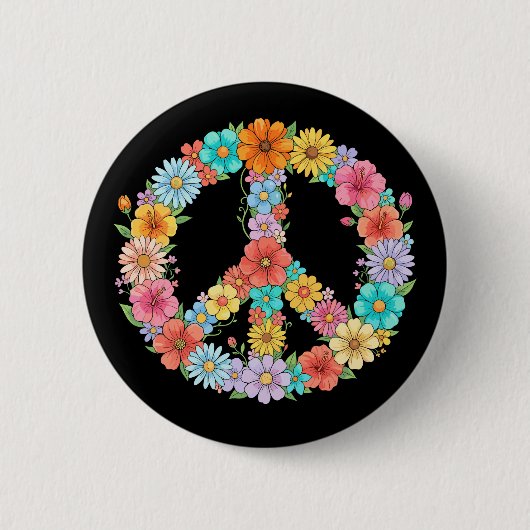 Buntes florales Friedenszeichen Hippie Retro-Blume Button (Vorderseite)