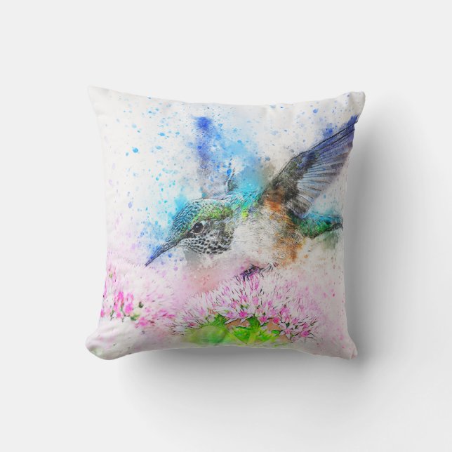 Buntes Frühlings-Kolibri-Aquarell Kissen (Vorderseite)