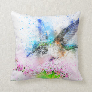 Buntes Frühlings-Kolibri-Aquarell Kissen