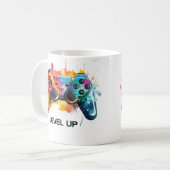 Buntes Gamer Controller "Level Up" Tassendesign Kaffeetasse (Vorderseite Links)