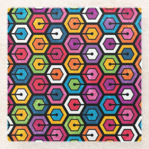 Buntes geometrisches Muster mit Hexagonen Glasuntersetzer