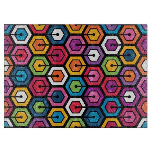 Buntes geometrisches Muster mit Hexagonen Schneidebrett (Vorderseite)