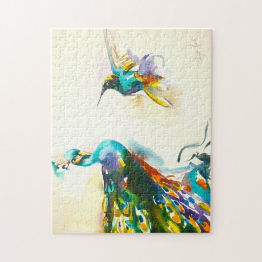 "Buntes Gesprächs-" Kolibri u. Pfau Puzzle (Vertikal)