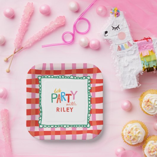 Buntes Gingham "Lasst uns feiern" Benutzername Kin Pappteller (Party)