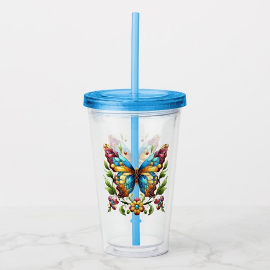 Buntes Glasschmetterling mit Blume Acryltrinkbecher (Vorderseite)
